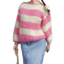 (M, Pink) Pull rayé duveteux pour femme, col bateau ample, manches longues, en maille, style décontracté hiver/automne