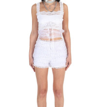 (L, White) Short d'été taille haute pour femme, ceinture élastique, dentelle tendance, style streetwear