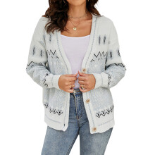 (L, Light Grey) Women Knit Cardigan Long Sleeve Button Closure Contrast Color Fall Casual Jacket Sweater