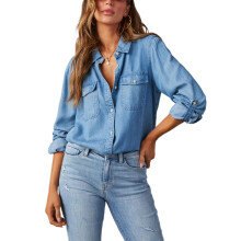 (M, Dark Blue) Koszule jeansowe damskie, bluzki wiosenne