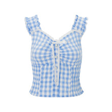 (L, Blue) Women's Summer Plaid Cami Tops Sleeveless Square Neck Lace Trim Trendy Button Tanks