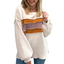 (S, White) Sweat-shirt d'automne pour femme, col rond, manches longues, épaules tombantes, rayures patchwork, couleurs contrastées, coupe ample.