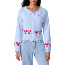 (L, Sky Blue) Women Knit Cardigan, Elegant Long Sleeve Button Closure Bow Fall Casual Jacket Sweater