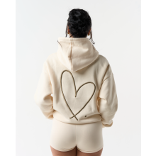 (L, Beige) Sweat à capuche femme brodé de cœur, manches longues amples, poche, style streetwear décontracté