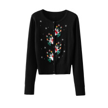 (M, Black 1) Gilet de Noël en maille pour femme, manches longues, fermeture boutonnée, broderie bonhomme de neige et sapin, pull décontracté