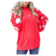 (L, Red) Women Valentine's Day Knit Sweater Heart Print Long Sleeve Mock Neck Pullovers Fall Winter Casual Jumpers Tops