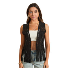 (XL, black) Chaleco de ante sintético con flecos para mujer, chaqueta hippie informal con borlas y frente abierto, sin mangas