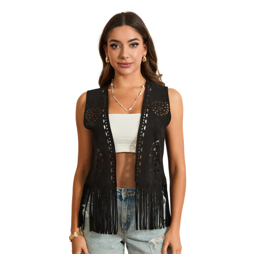(XL, black) Γυναικείο γιλέκο σουέτ με φούντες