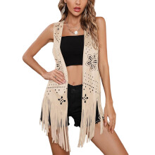 (XL, Ivory) Dames zomer vesten met kwastjes, cowgirl stijl, opengewerkte bloemen, mouwloze vesten, effen stijlvolle bovenkleding
