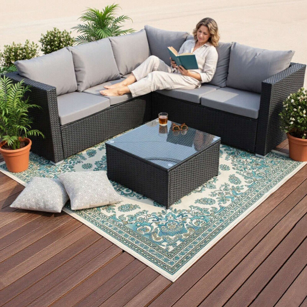 Birchtree (Black) Rattan Garden Furniture Set Corner Sofa Glass Table Patio 5 Seaters Black