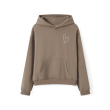 (S, Light Brown) Sweat à capuche femme brodé de cœur, manches longues amples, poche, style streetwear décontracté