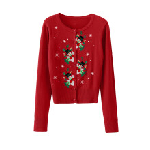 (L, Red 1) Gilet de Noël en maille pour femme, manches longues, fermeture boutonnée, broderie bonhomme de neige et sapin, pull décontracté