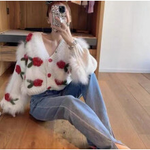 (One Size, Red) Women Fashion Cardigan 3D Flower V-Neck Long Sleeve Sweater Button-Down Fall Casual Soft Knit Coat