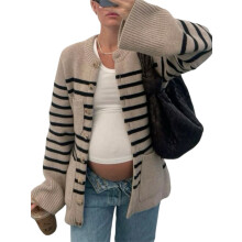 (S, Dark Khaki) Women's Fall Maternity Cardigan Sweaters with Pockets Stripe Pattern Button Down Crew Neck Long Sleeve Knit Sweater Jackets