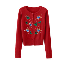 (S, Red 2) Gilet de Noël en maille pour femme, manches longues, fermeture boutonnée, broderie bonhomme de neige et sapin, pull décontracté