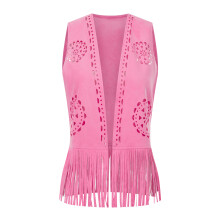 (XL, Fuchsia) Chaleco de ante sintético con flecos para mujer, chaqueta hippie informal con borlas y frente abierto, sin mangas