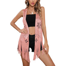 (S, Pink) Chalecos de verano con borlas para mujer, cárdigans sin mangas con flores huecas de vaquera, prendas de vestir exteriores lisas y elegantes