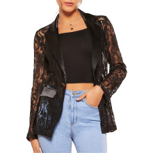 (M, Black) Blazer élégant pour femme, en dentelle florale et résille, à revers simple et manches longues.