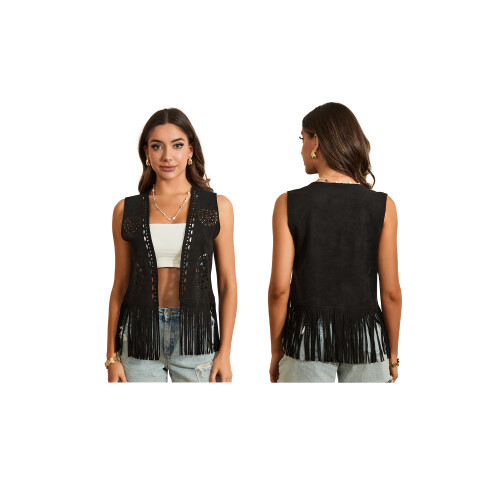 (XL, black) Γυναικείο γιλέκο σουέτ με φούντες 2