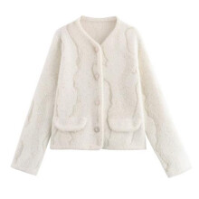 (One Size, Milky White) Women Knit Cardigan Long Sleeve V-neck Button Closure Mix Color Fall Casual Jacket Sweater