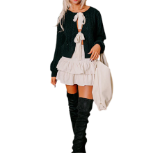 (S, Black) Women's Cable Knitted Cardigan Bow Tie-up Closure Ribbed Long Sleeve Crew Neck Sweaters