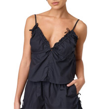 (L, Black) Womens Babydoll Cami Tops Bow Solid Color/Plaid V Neck Showing Navel Spaghetti Strap Crop Shirts for Summer