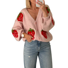 (S, Pink) Damen-Strickcardigan, langärmelig, Erdbeermuster, Knopfverschluss, lässige Herbstjacke