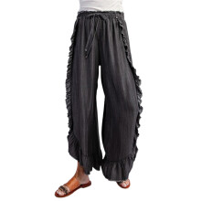 (XL, Black) Jeans da donna a vita alta con volant, pantaloni in denim vintage a gamba larga, jeans lavati con orlo sfrangiato.