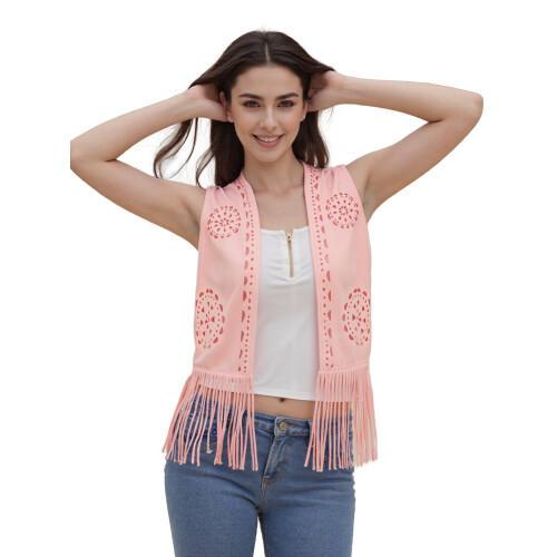 (S, Pink) Γυναικείο γιλέκο σουέτ με φούντες 1