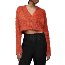 (L, Orange) Women's Button Down Crop Knit Cardigan Solid Color Fuzzy Long Sleeve V-Neck Sweater