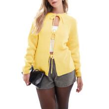 (S, Yellow) Womens Tie Front Cardigan Solid Color Crew Neck Long Sleeve Knit Tops Casual Streetwear