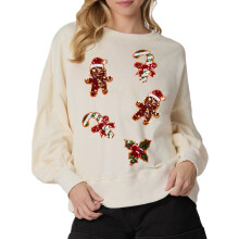 (L, Ivory) Sweat-shirt de Noël à sequins pour femme, motif pain d'épice, col rond, manches longues, style décontracté streetwear