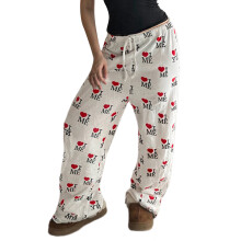 (S, White) Damesbroek voor de lente/zomer: baggy model met trekkoord in de tailleband en hartprint, wijde pijpen.