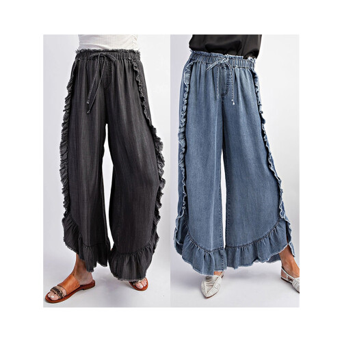 (L, Black) Γυναικείο ψηλοκάβαλο vintage φαρδύ τζιν με βολάν και πλυμένα ξεφτισμένα άκρα 2