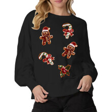 (M, Black) Sweat-shirt de Noël à sequins pour femme, motif pain d'épice, col rond, manches longues, style décontracté streetwear