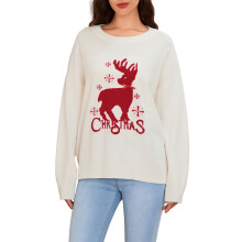 (L, White) Women's Christmas Sweaters Reindeer Letter Bow Long Sleeve Round Neck Ribbed Knitted Tops
