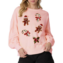 (S, Pink) Sweat-shirt de Noël à sequins pour femme, motif pain d'épice, col rond, manches longues, style décontracté streetwear
