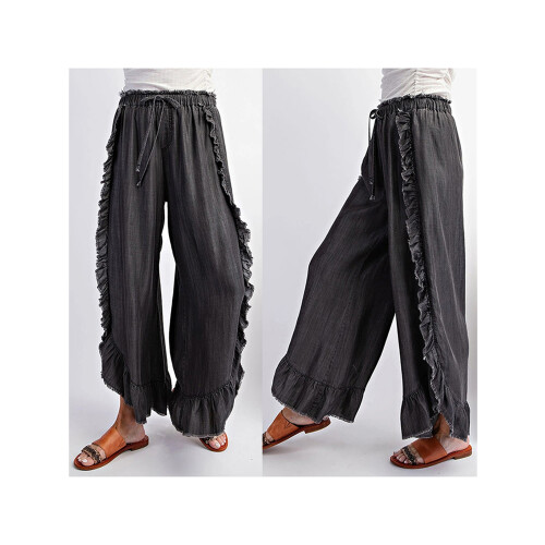 (L, Black) Γυναικείο ψηλοκάβαλο vintage φαρδύ τζιν με βολάν και πλυμένα ξεφτισμένα άκρα 1