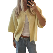 (S, Yellow) Gilet cardigan uni pour femme, manches courtes, col rond, boutonné, en maille