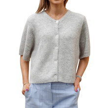 (L, Gray) Gilet cardigan uni pour femme, manches courtes, col rond, boutonné, en maille