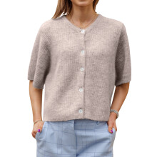 (L, Light Brown) Gilet cardigan uni pour femme, manches courtes, col rond, boutonné, en maille