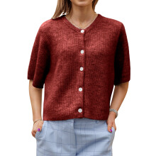 (S, Burgundy) Gilet cardigan uni pour femme, manches courtes, col rond, boutonné, en maille