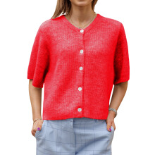 (XL, Red) Women's Solid Color Cardigan Short Sleeve Round Neck Button Down Sweater Knit Tops