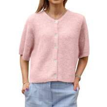 (M, Pink) Gilet cardigan uni pour femme, manches courtes, col rond, boutonné, en maille