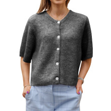 (L, Dark Grey) Gilet cardigan uni pour femme, manches courtes, col rond, boutonné, en maille