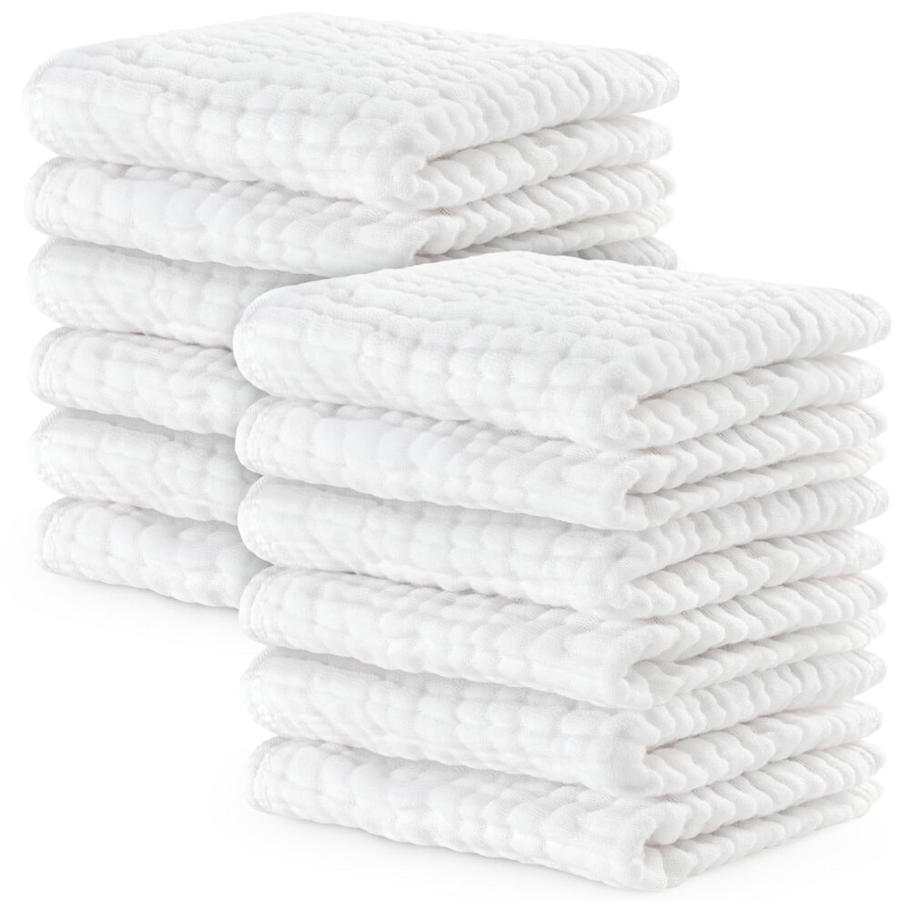 Muslin Baby Washcloths 10 Pack, 6-Layer Soft Cotton, 10"X10", Gentle & Absorbent For Newborns/Toddlers – White