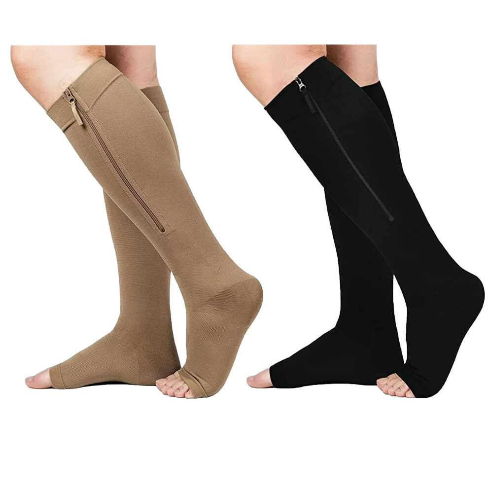 Beige 20-30Mmhg Wide Calf Zipper Compression Socks Open Toe Compression Sockings For Women & Men(1 Pair,)