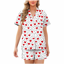 Dames Valentijnsdagpyjama, 2-delige set, knoopsluiting aan de voorkant, korte mouwen, hartjesprint, melkzijde, zachte, elastische nachtkleding, maten
