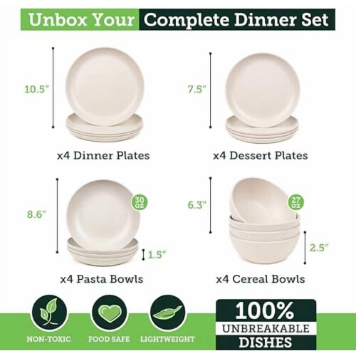 Wheat Straw Dinnerware Set for 4 – 16-Piece, Dishwasher 1