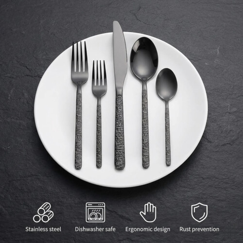 Black Hammered Silverware Set 40-Pc 410 Stainless Steel for 2